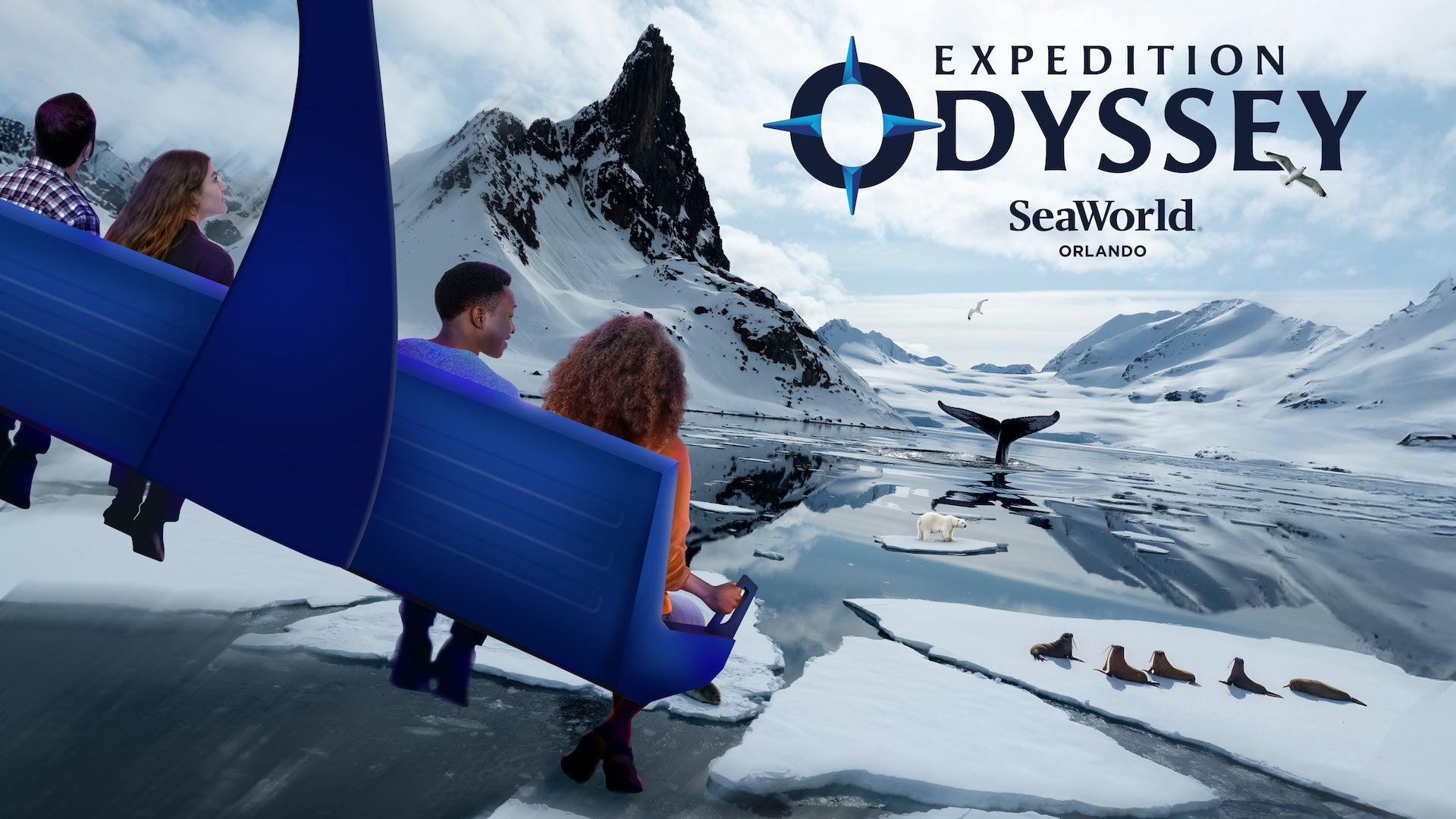 Several people on a blue seat soaring over a virtual image of the arctic